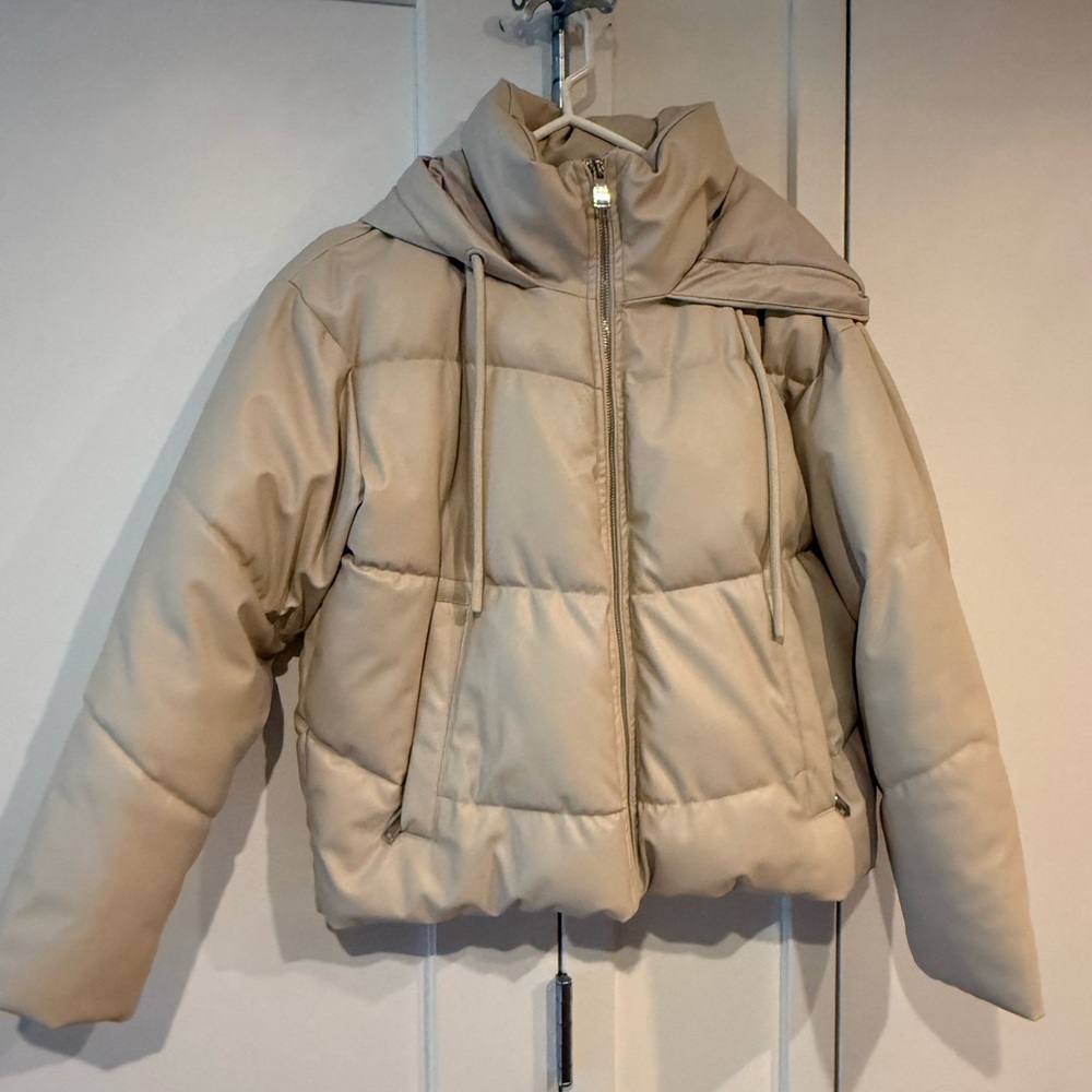 Faux Leather Bomber Coat with Hood